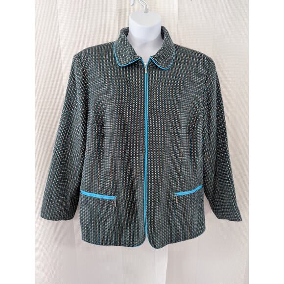 BOB MACKIE STUDIO! AQUA, BLACK, YELLOW STITCH STRIPED, SATIN LINED JACKET!SZ 28W - Picture 4 of 11